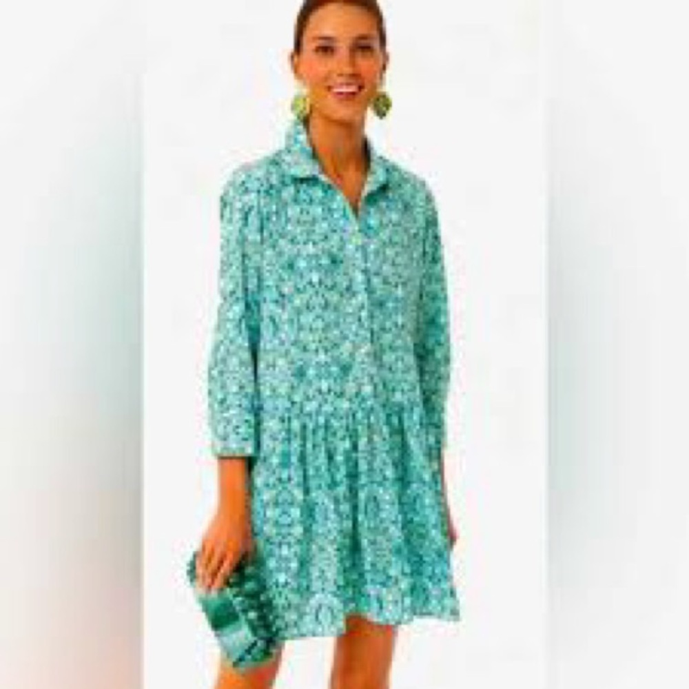 Tuckernuck Mykonos Floral Medallion Turquoise Shirt Dress